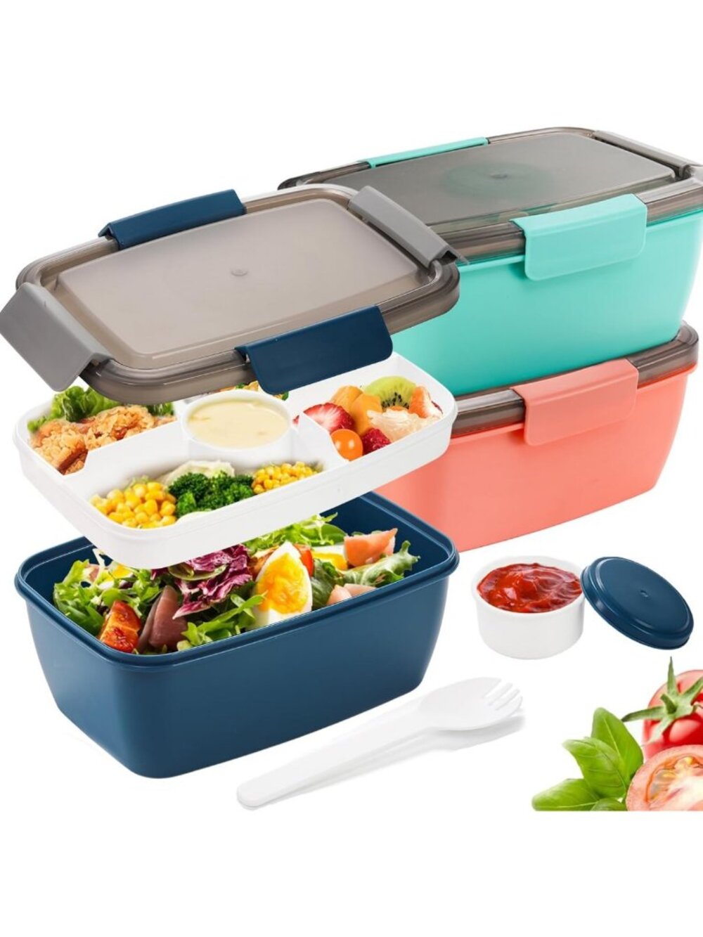 3-Pack 68 Oz Leakproof Bento Lunch Box with Compartment Tray, Spoon & Dressing